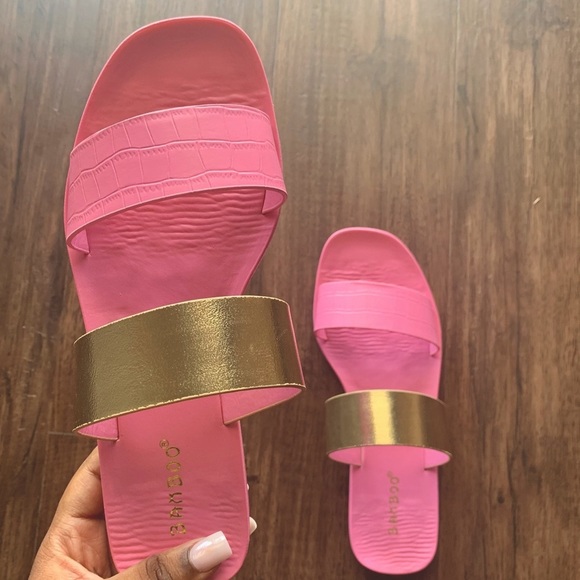 Pink & Gold Double Strap Sandal Slides - Picture 3 of 5